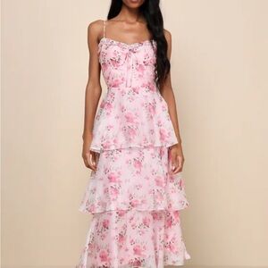 Lulu's Pink Floral Tiered Midi Dress